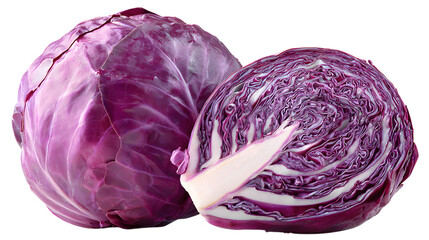 Fototapeta premium Vibrant Red Cabbage Whole and Halved Displaying the Inner Layers and Rich Color