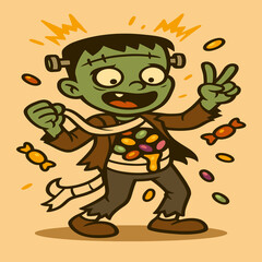 Frankenstein kid, arms up in shock as candy rains down, sparks flying in a cute-scary cartoon style.