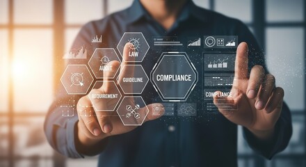 Businessman interacting with a futuristic holographic interface displaying data and analytics in a modern office setting