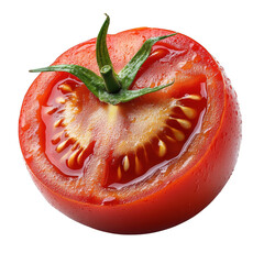A ripe red tomato cut in half revealing its juicy interior with seeds and pulp isolated on transparent background