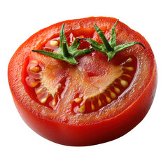 Close up of a ripe red tomato cut in half revealing its juicy interior with seeds and pulp isolated on transparent background
