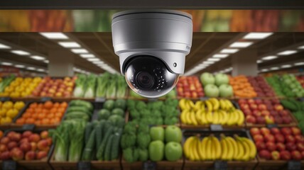 Surveillance camera monitoring fresh produce in a grocery store aisle