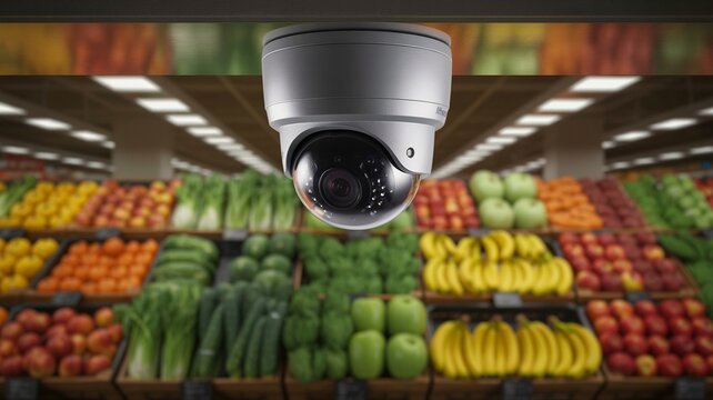 Surveillance camera monitoring fresh produce in a grocery store aisle - Powered by Adobe