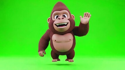 Adorable 3D Cartoon Happy Gorilla Jumping, Dancing, and Saying Hello Waving Hand on Green Screen for Kids Animation