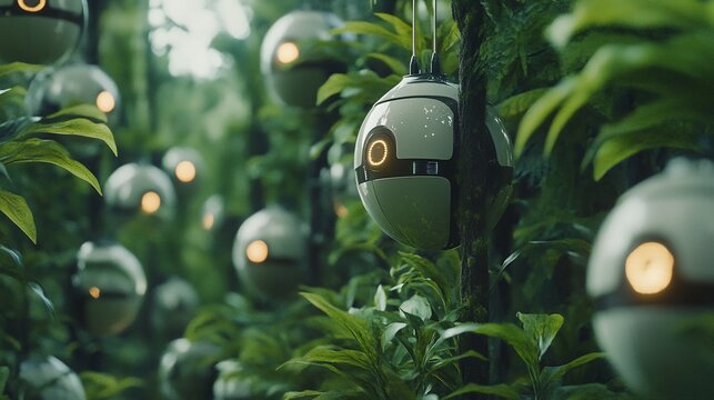 Futuristic surveillance drones in a lush green forest, advanced technology