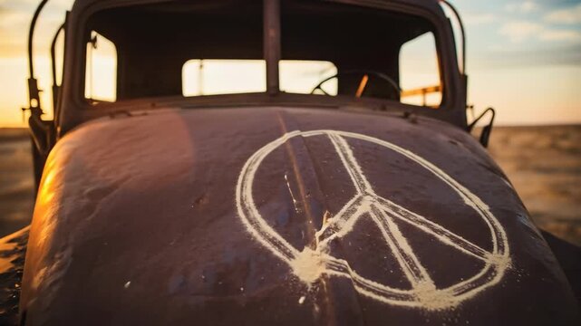 Rusty Truck with Peace Symbol at Sunset - A close-up shot of an old, rusty truck's hood with a peace symbol drawn in sand or light-colored dust.
