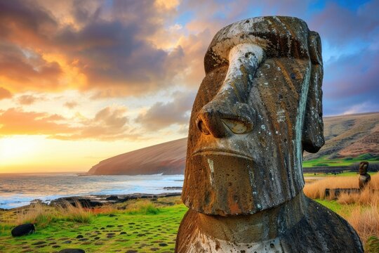 Moai statue at sunrise overlooking the ocean with dramatic clouds on Easter Island