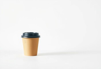 Brown paper coffee cup with black lid on white background, rustic, beverage