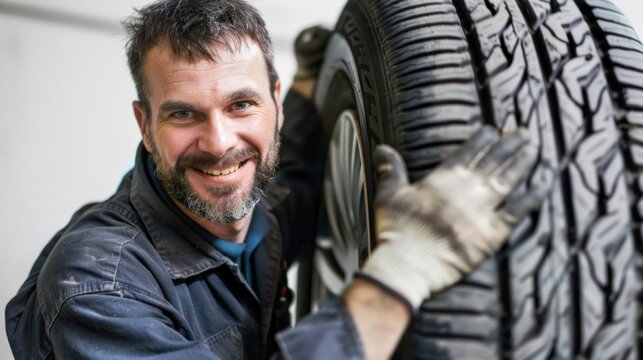 Smiling mechanic adjusts a tire in a garage; focus on his face and friendly grin - Powered by Adobe