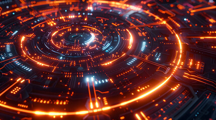 Futuristic technology background with a circuit board and glowing neon lights