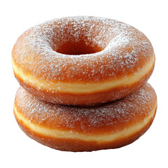 Two delicious golden brown donuts dusted with sugar stacked on top of each other isolated on transparent background