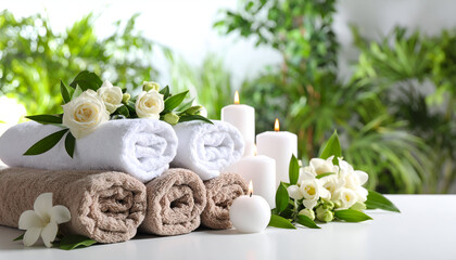 Spa towels with candles, and flowers.