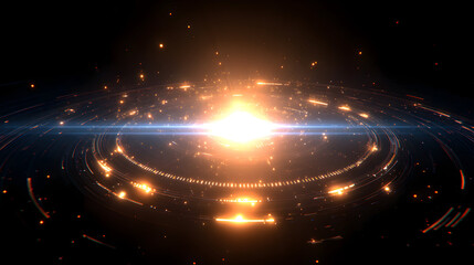Futuristic technology background with glowing rings and light effects in dark space