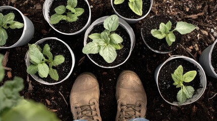Small plants in pots arranged on dark soil.
