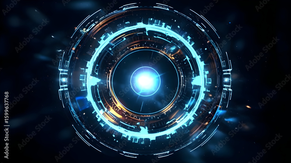 Poster futuristic technology interface with glowing elements and data visualization