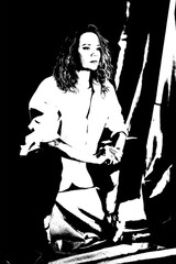 silhouette beautiful fashionable girl long hair makeup nails with nail polish woman posing with country style image woman vector black and white