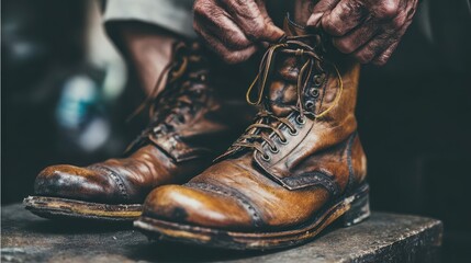 Worn leather boots being laced up.