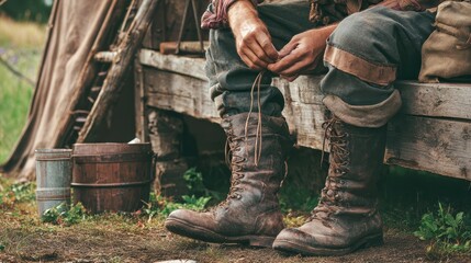 Fototapeta premium Person sitting on weathered wooden plank with work boots.