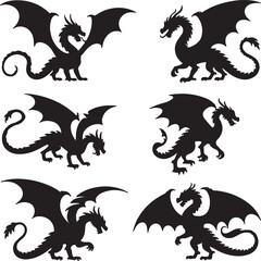 Black dragon silhouettes with wings and tails mythical creature