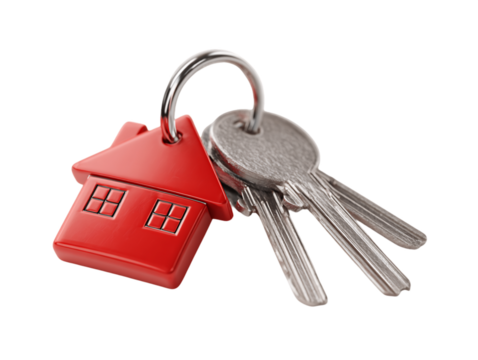 Red House-Shaped Keychain with Silver Keys on Transparent Background, PNG