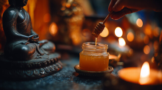 Madhu Purnima: Close-up of jar of honey being placed near a Buddha statue during Madhu Purnima puja, warm candlelight, detailed textures