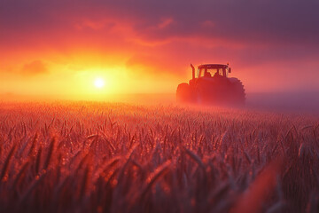 Fototapeta premium Tractor in field at sunset.