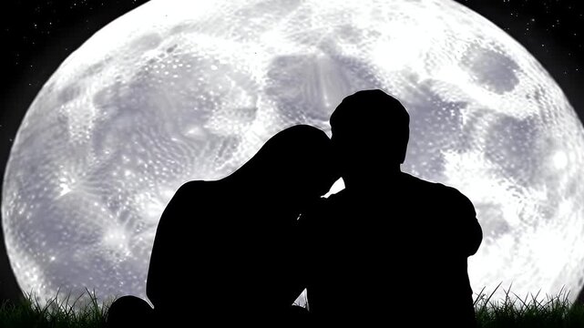 A romantic mid autumn festival scene showing a couple's silhouette against a giant, luminous full moon at night.
