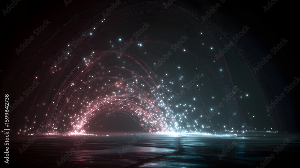 Poster abstract illuminated arcs with glowing particles and reflected surfaces creating a futuristic techno