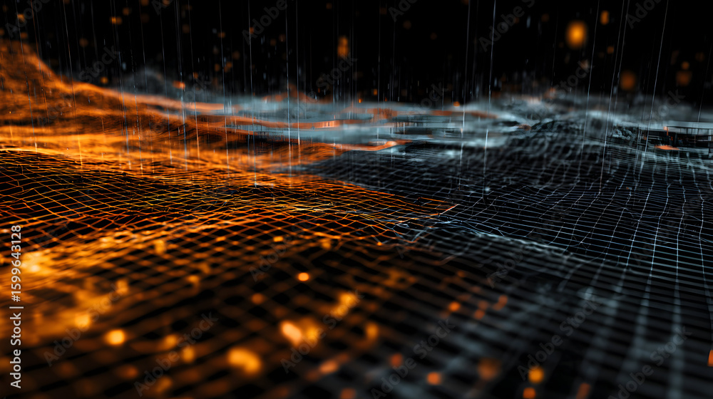 Poster abstract digital grid landscape with glowing bokeh and vertical lines showcasing a futuristic terrai