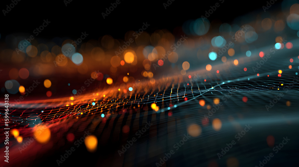 Poster abstract interconnected network with glowing nodes showcasing modern digital technologies and global
