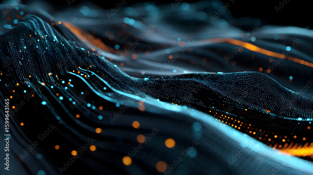 Poster dynamic abstract network with flowing data streams in blue and orange tones visualizing connectivity