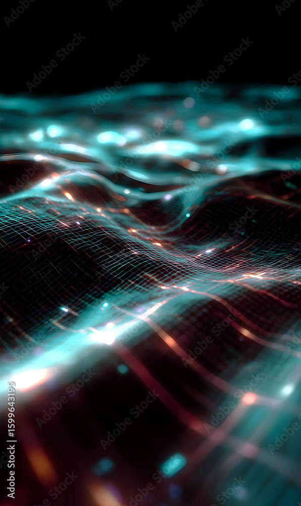 Poster abstract glowing wave network technology concept with teal highlights flowing across a dark textured