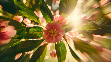Pink Blossoms Radiating Warmth: A Vibrant Floral Display Under the Sunbeam