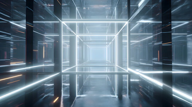 Abstract glowing cube structure interior creating a futuristic corridor with cool light effects and reflections in a clean geometric layout for modern themes or creative