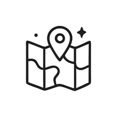 Folded Map with Location Pin and Sparkling Star Icon.
