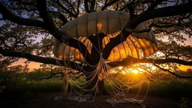 Parachute Draped Over Majestic Oak Tree at Sunset - A large parachute is draped over the branches of a majestic oak tree, creating a surreal and captivating scene at sunset.