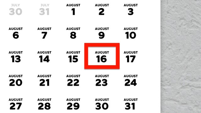 Close-up of the date August 16th marked with a red cursor on the wall calendar 2025