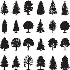 Diverse tree silhouettes evergreen deciduous forest woodland vector