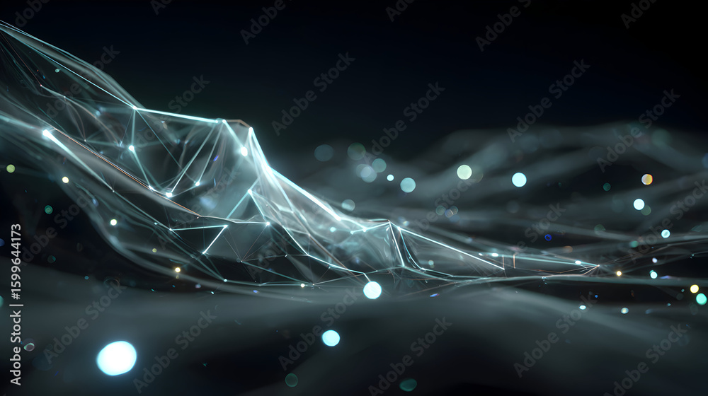 Poster Abstract technology mesh network with glowing dots creating a connected data web showcasing modern digital communication and futuristic landscape design for science and