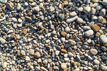 A close-up of colorful beach pebbles, highlighting their natural stone textures. Perfect for decorative use in gardens or landscapes, this image embodies the beauty of nature.