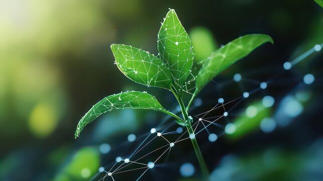 A close up of a green plant with a network of lines and dots overlayed on the leaves and surrounding area