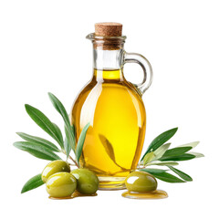 Glass bottle of olive oil, with green olives and leaves, showcasing natural ingredients and healthy cooking themes. Isolated on white background or PNG