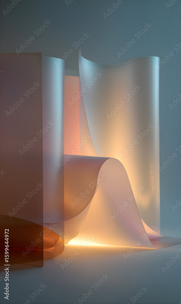 Poster translucent abstract forms with soft pastel gradations and luminous glow creating a modern minimalis