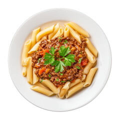 Delicious pasta dish, hearty penne topped with rich meat sauce and fresh herbs, perfect for family gatherings. Isolated on white background or PNG
