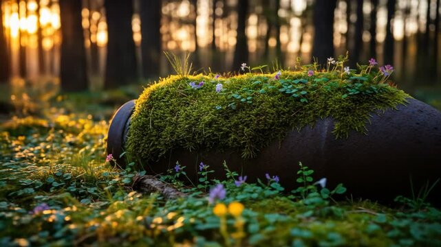 Sunset Forest Bomb Shell with Wildflowers - A rusty bomb shell lies nestled in a bed of lush green moss and wildflowers, bathed in the warm golden light of a setting sun in a dense forest.