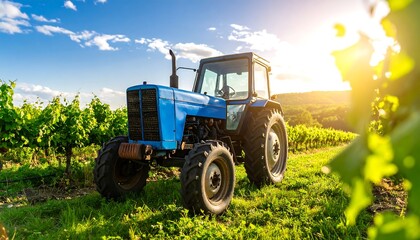 Fototapeta premium Blue tractor in a vineyard at sunset