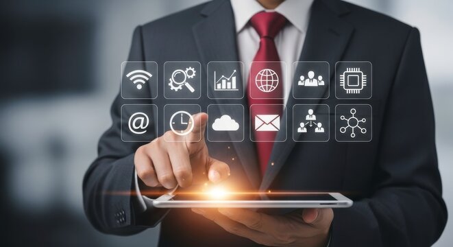 Businessman in suit using tablet with digital icons for networking and communication technology