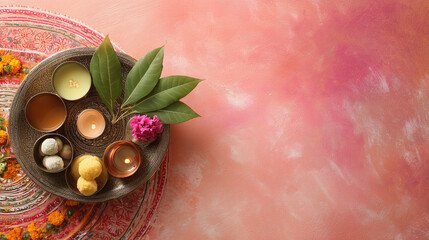 Nandotsav: Flat lay of pooja thali for Krishna with butter, sweets, tulsi leaves, and diya, placed on rangoli background, neat top-down view with space for design