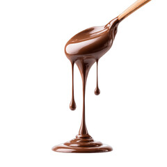 Rich chocolate syrup flowing from a wooden spoon, smooth texture, ideal for desserts or toppings, showcasing indulgence. Isolated on white background or PNG