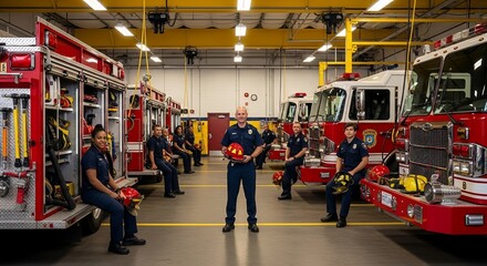 Team of firefighters in a fire station with fire trucks